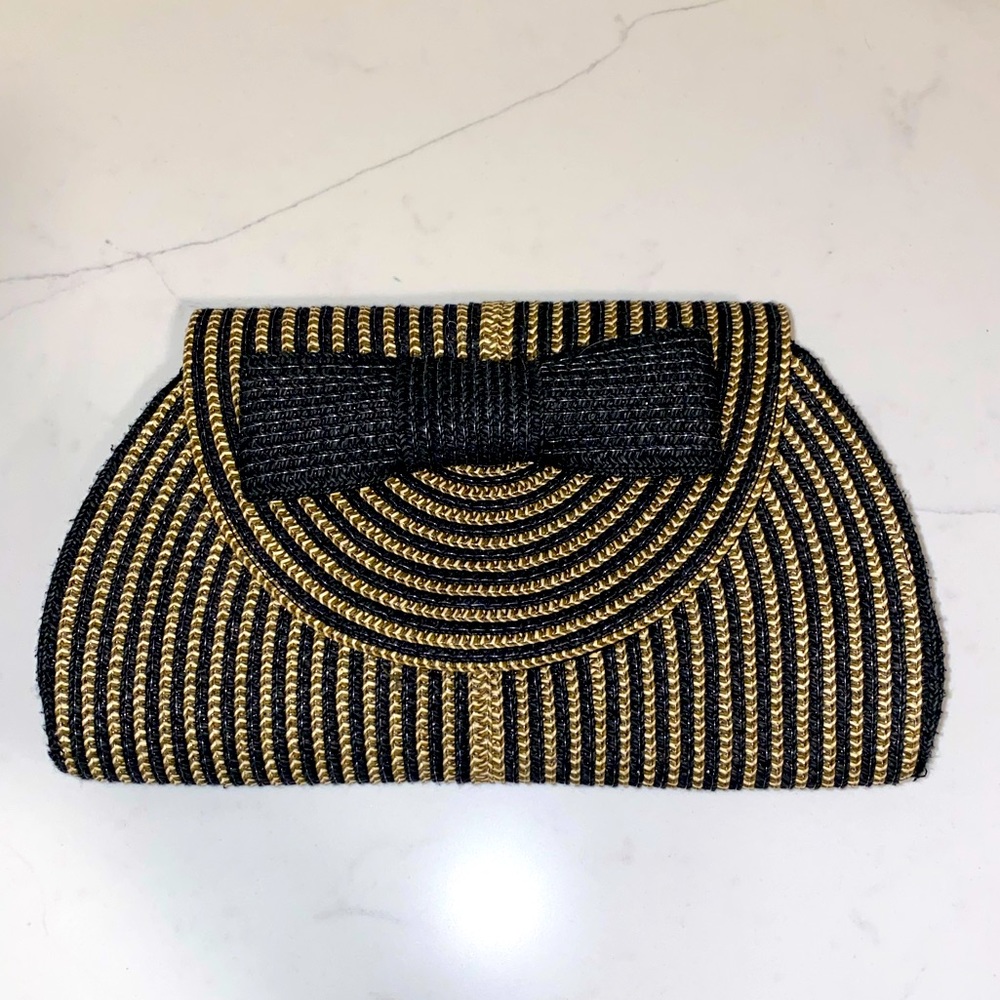 Black and Tan Straw Bow Handbag with Shoulder Strap